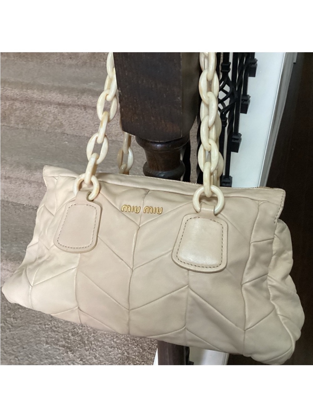 Miu Miu Cream Quilted Leather Shoulder Bag with Chain Handles